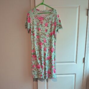 Casual Pink and Green Floral Midi Sundress with Flutter Sleeves